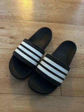 adidas Black Slide Sandals with White Stripes